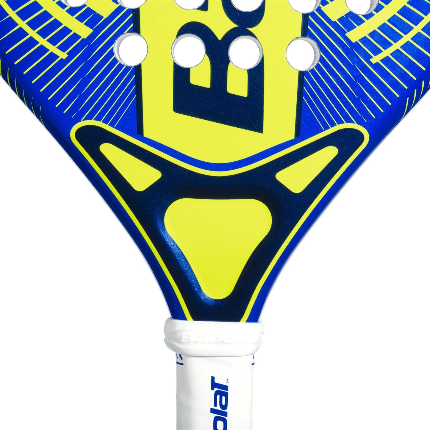 Close-up of the neck of a blue and yellow Babolat Alioth Mini Junior Padel Racket for kids, featuring part of the handle, Babolat logo, ventilation holes, and geometric patterns.