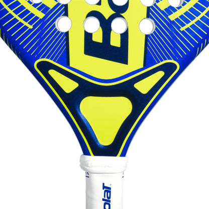 Close-up of the neck of a blue and yellow Babolat Alioth Mini Junior Padel Racket for kids, featuring part of the handle, Babolat logo, ventilation holes, and geometric patterns.