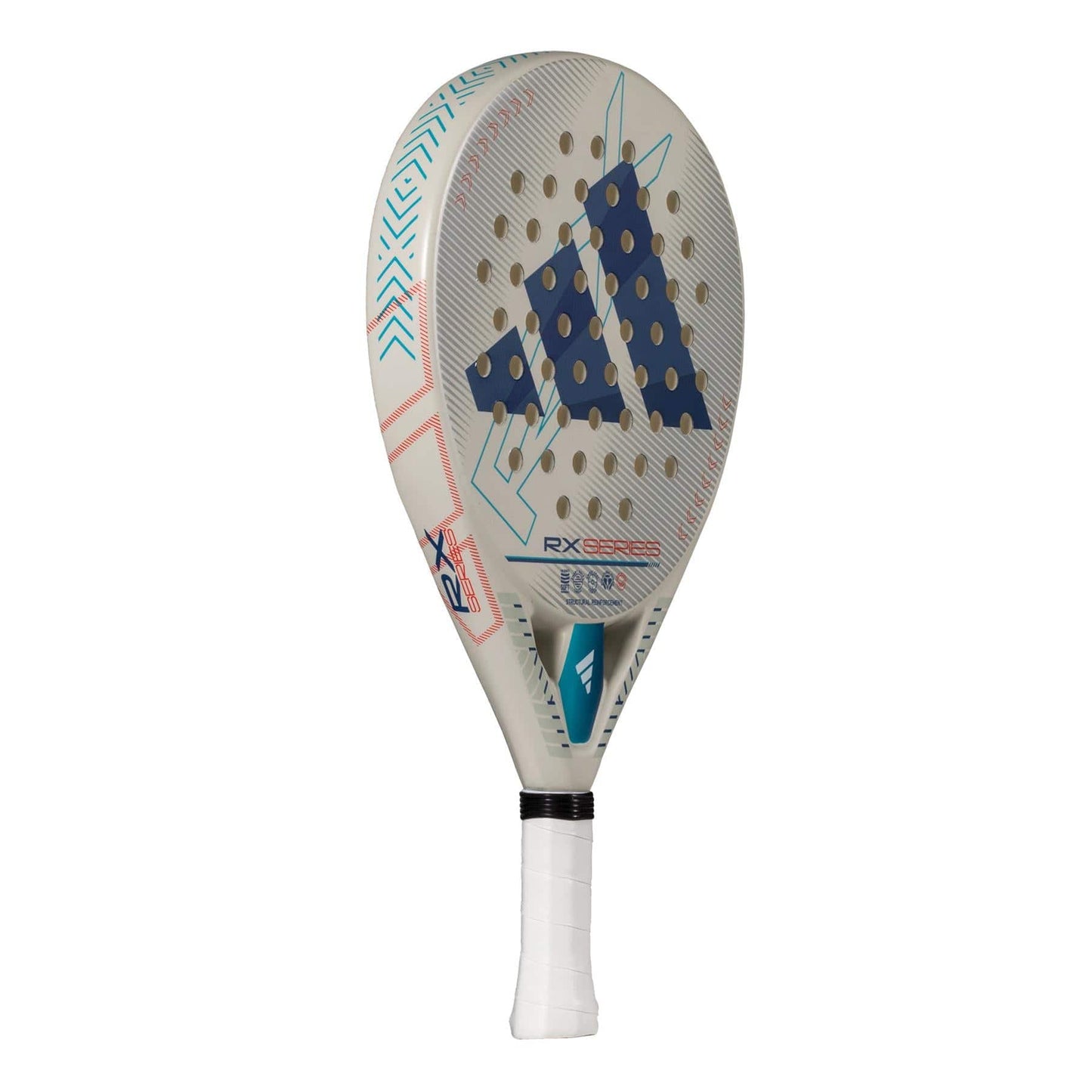 The adidas RX Series Light 3.4 Padel Racket - White is a lightweight racket with blue geometric patterns, a large navy adidas logo, white grip, and multiple holes for optimal performance.