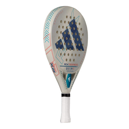 The adidas RX Series Light 3.4 Padel Racket - White is a lightweight racket with blue geometric patterns, a large navy adidas logo, white grip, and multiple holes for optimal performance.