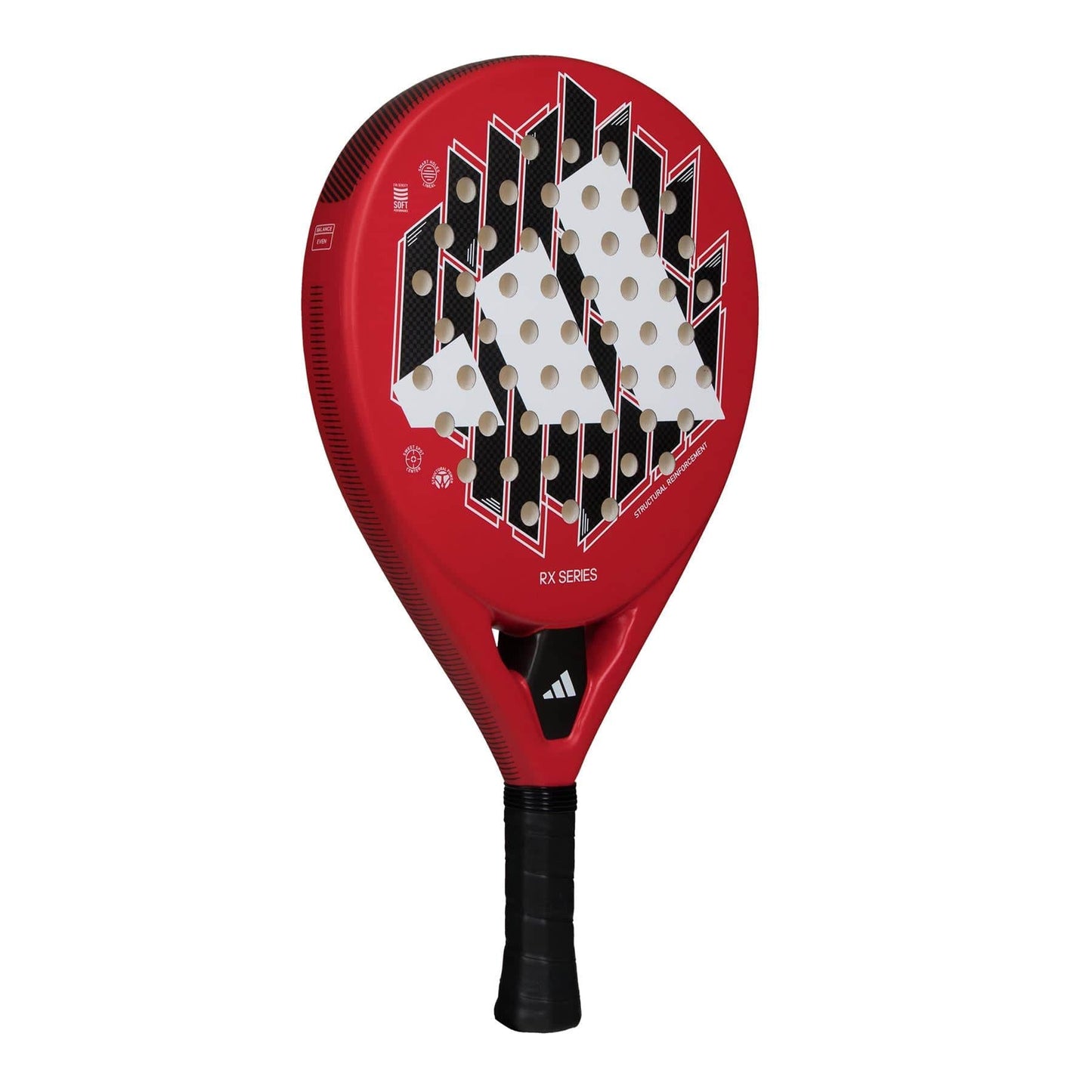 The adidas ADIDAS RX Series Red Padel Racket features a black grip and geometric black and white face pattern with holes, plus the adidas logo of three angled white stripes.