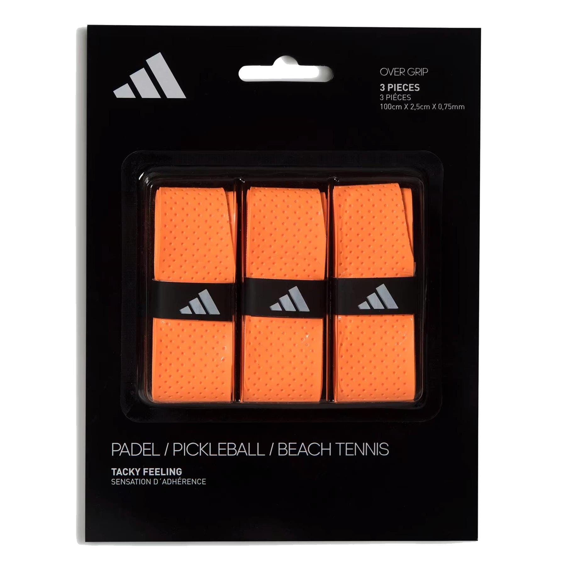The adidas Padel Overgrips (3 Pack) in orange offer comfort and performance with micro-perforations. Suitable for padel, pickleball, or beach tennis; features adidas branding on sleek black-and-white packaging.