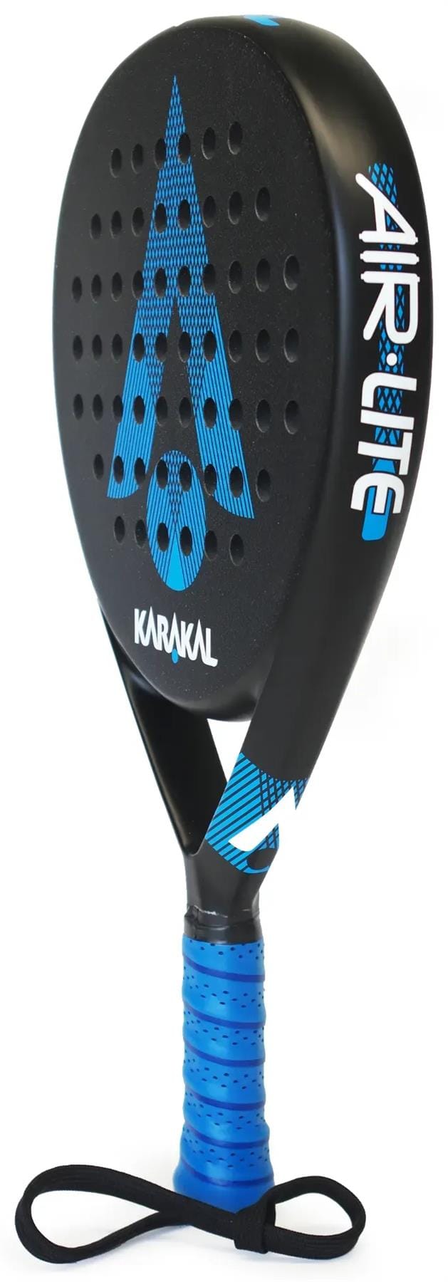 The Karakal Air Lite 345 Blue Padel Racket by Karakal stands upright on its edge, featuring a lightweight black and blue design with a perforated surface, blue grip, and wrist strap.