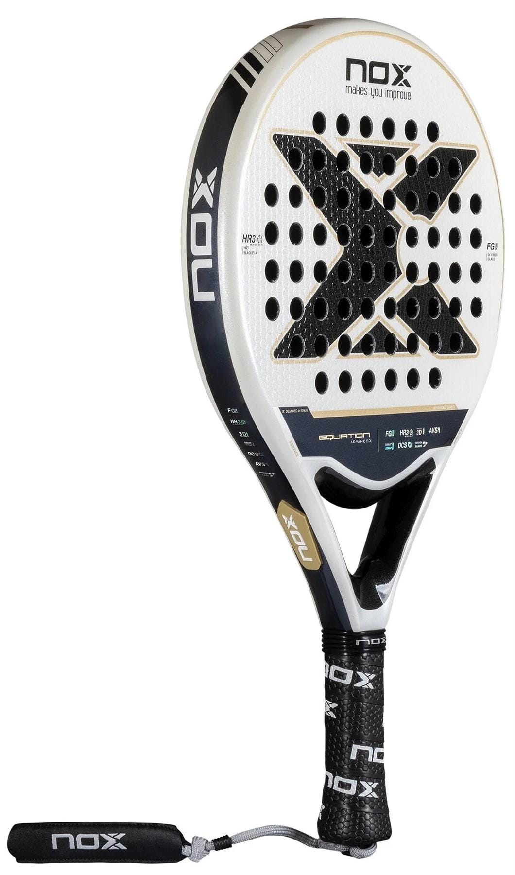 The NOX Equation Advance Series Padel Racket in black and white features a perforated surface, black grip, wrist strap, and brand logo on the face and handle—ideal for intermediate players.