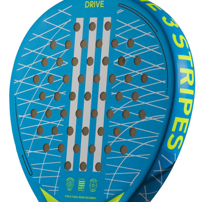 Close-up of the adidas Drive 3.3 Blue Padel Racket, showing diagonal white lines, three vertical white bars, round holes, and the words “DRIVE” and “3 STRIPES”—ideal as a beginner control padel racket.