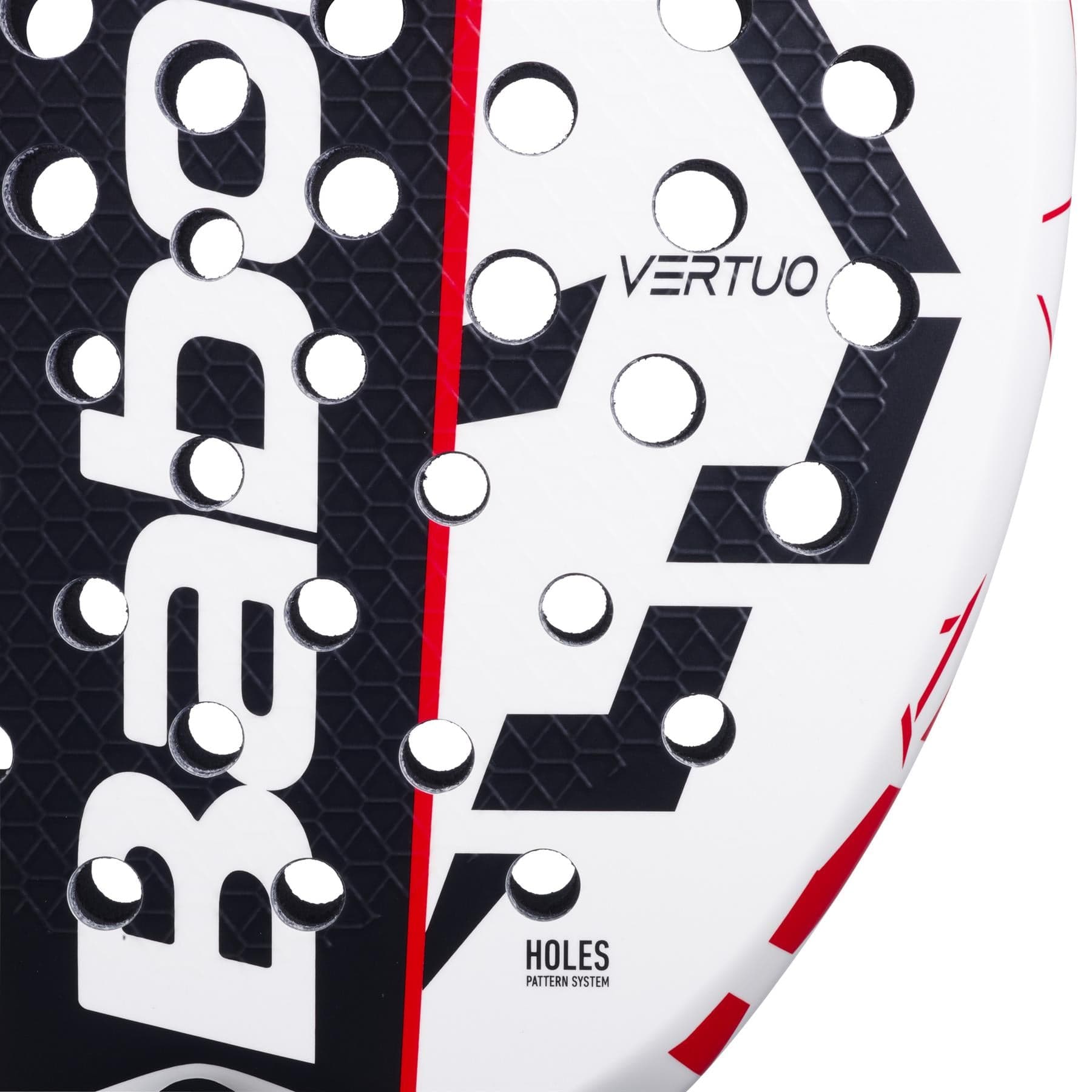 Close-up of the Babolat Technical Vertuo Juan Lebrón Padel Racket in white, black, and red, showing "VERTUO," "HOLES PATTERN SYSTEM," and the Babolat logo—a technical striker racket inspired by Juan Lebrón.