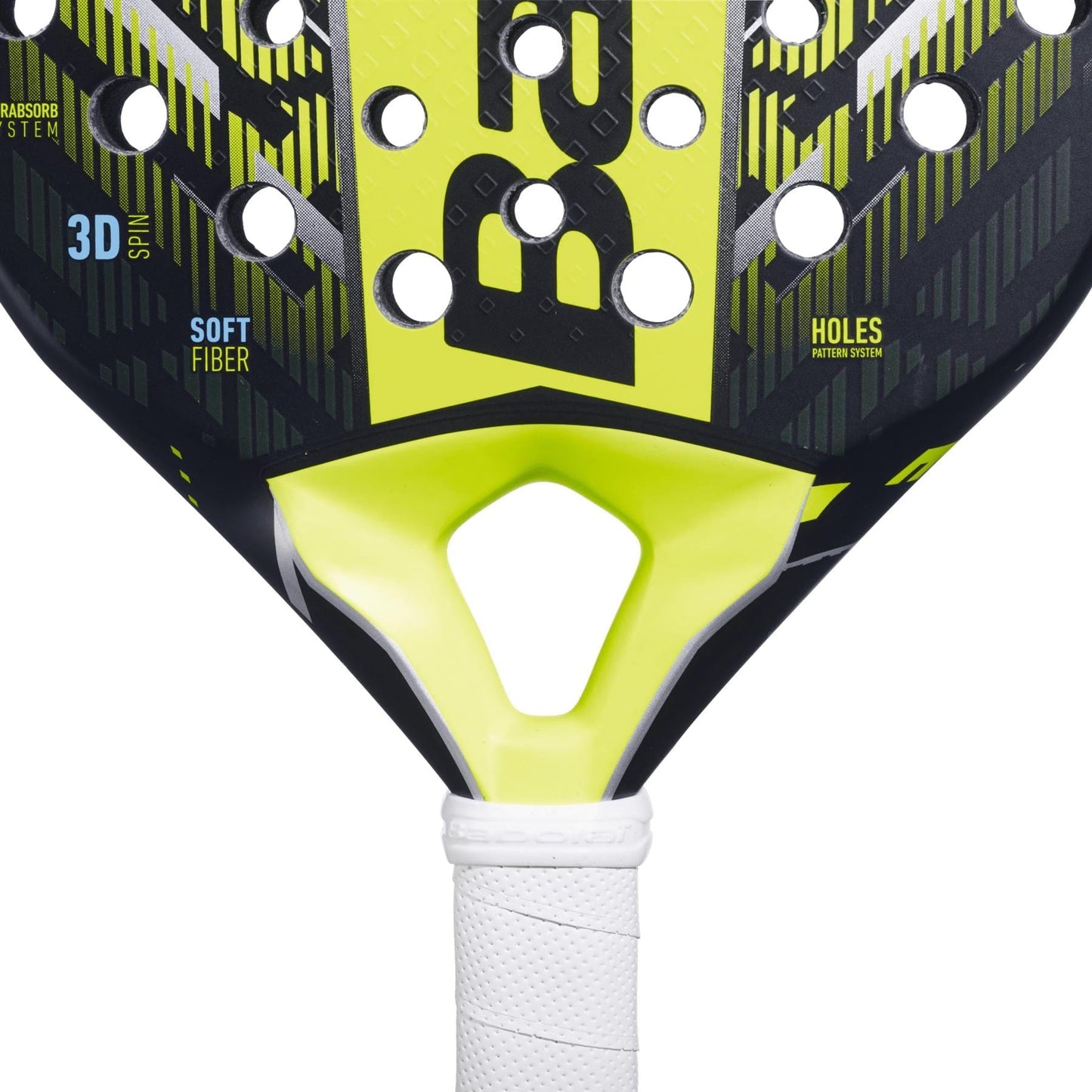 Close-up of the upper handle and face of the Babolat Counter Vertuo 2.5 Padel Racket by Babolat, featuring round holes, textured black and yellow surface, “3D Spin” and “Soft Fiber” text, and a white grip for effortless power.