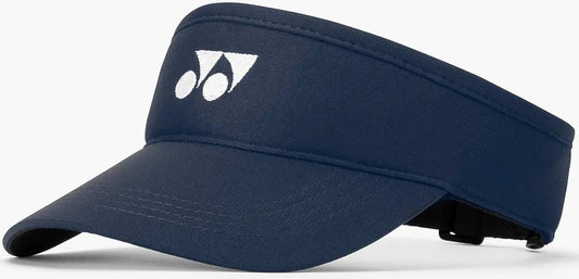 The Yonex 40126EX Padel Visor in navy blue is made from lightweight polyester, features a white Yonex logo on the front, curved brim stitching, and an adjustable back strap for comfort.