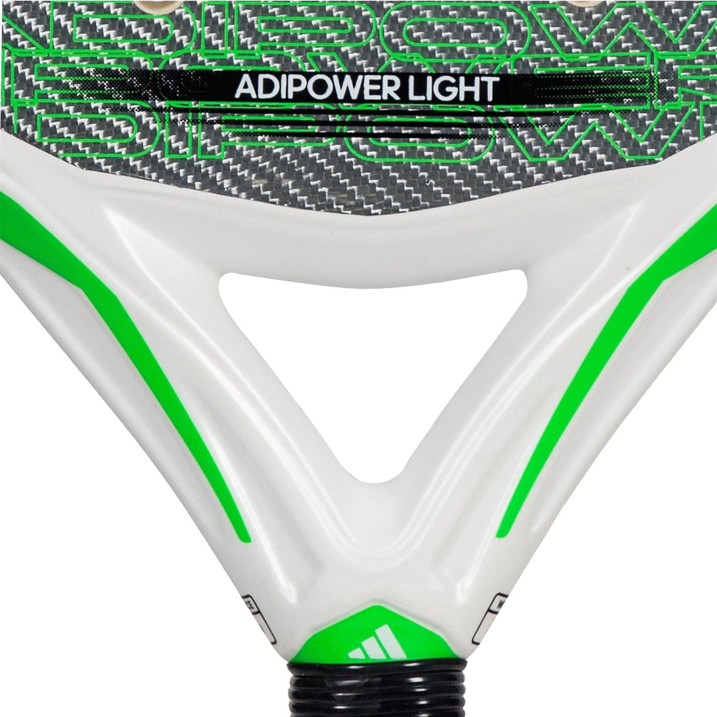 Close-up of the lightweight adidas Adipower Light 3.3 Padel Racket, featuring "ADIPOWER LIGHT" text, a black, white, and green design with a carbon fiber pattern for control and an adidas logo at the base.