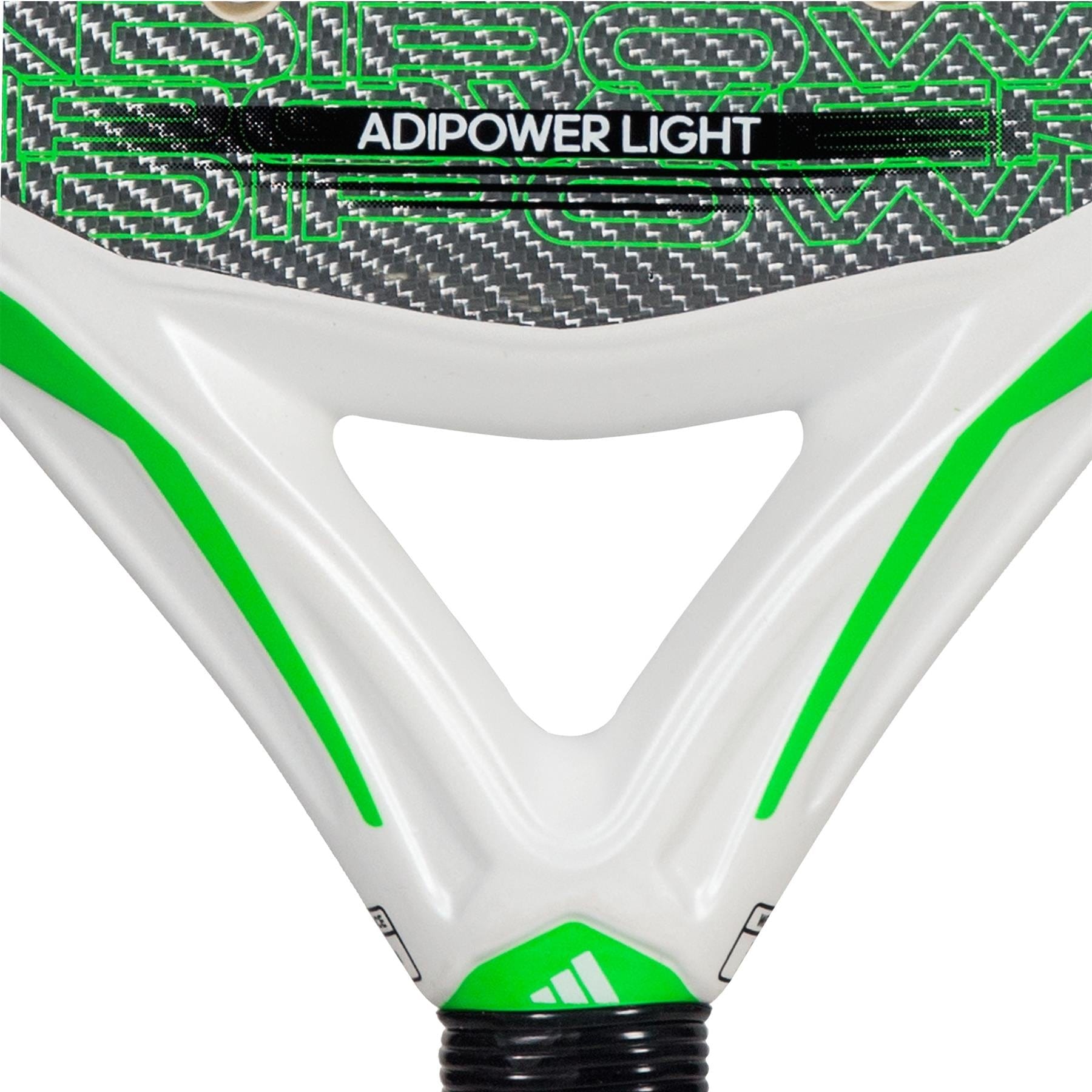 Close-up of the lightweight adidas Adipower Light 3.3 Padel Racket, featuring "ADIPOWER LIGHT" text, a black, white, and green design with a carbon fiber pattern for control and an adidas logo at the base.