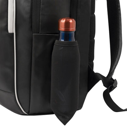 A close-up of the NOX Pro Series Padel Backpack - Black, highlighting a mesh side pocket with a dark blue water bottle and red cap. The focus is on the pocket and strap—ideal from NOX for carrying all your padel essentials.