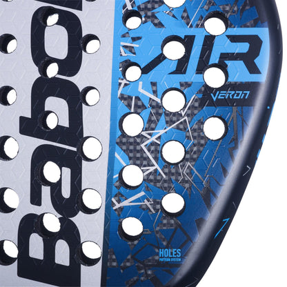 Close-up of the Babolat Air Veron 2.5 Padel Racket by Babolat, featuring a blue and black design with geometric patterns, circular holes, and "AIR VERON" text for enhanced dynamic power on the court.