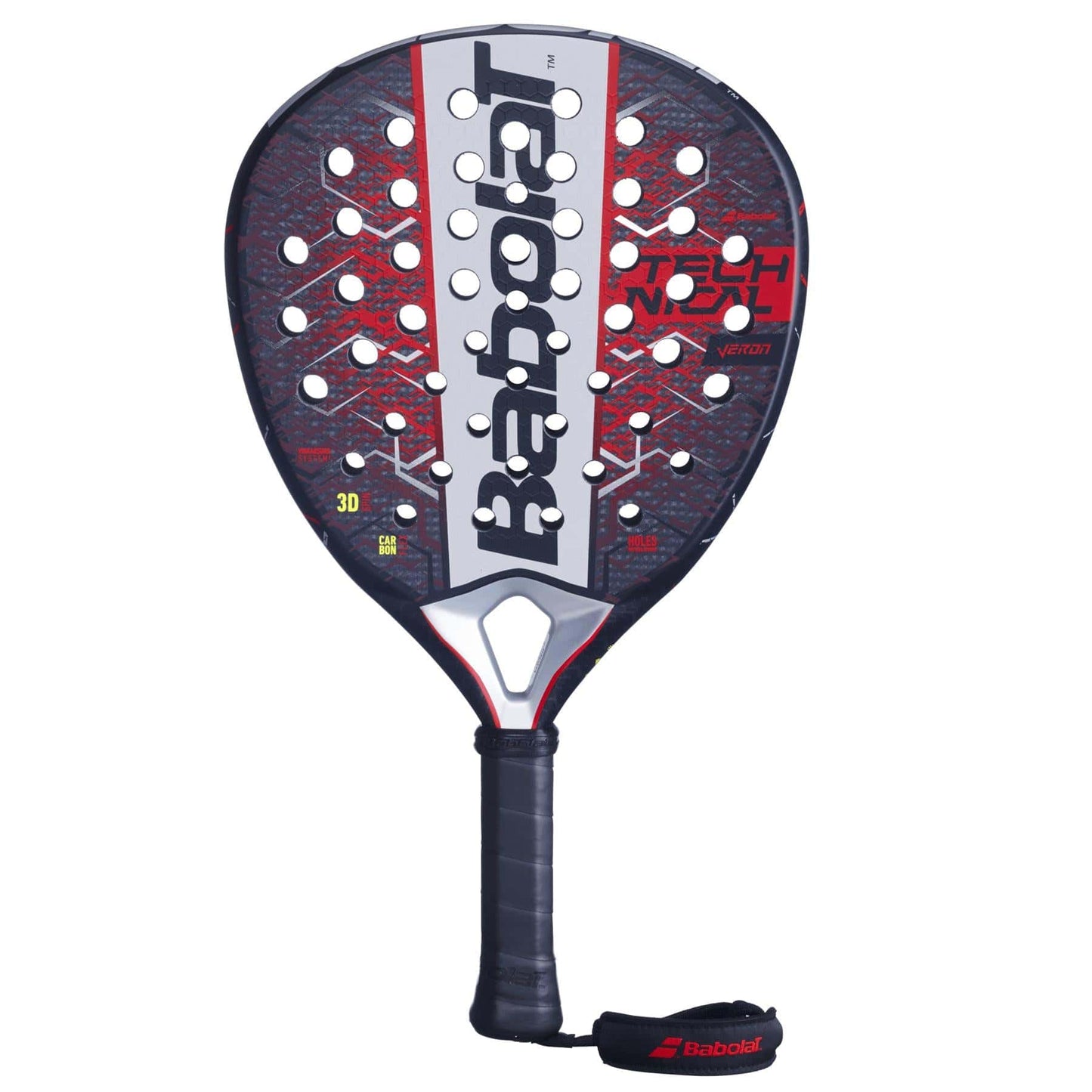 The Babolat Technical Veron 2.5 Padel Racket has a black, red, and gray design with dynamic power, multiple holes, textured surface, black grip with wrist strap, and displays the Babolat logo prominently on the face.
