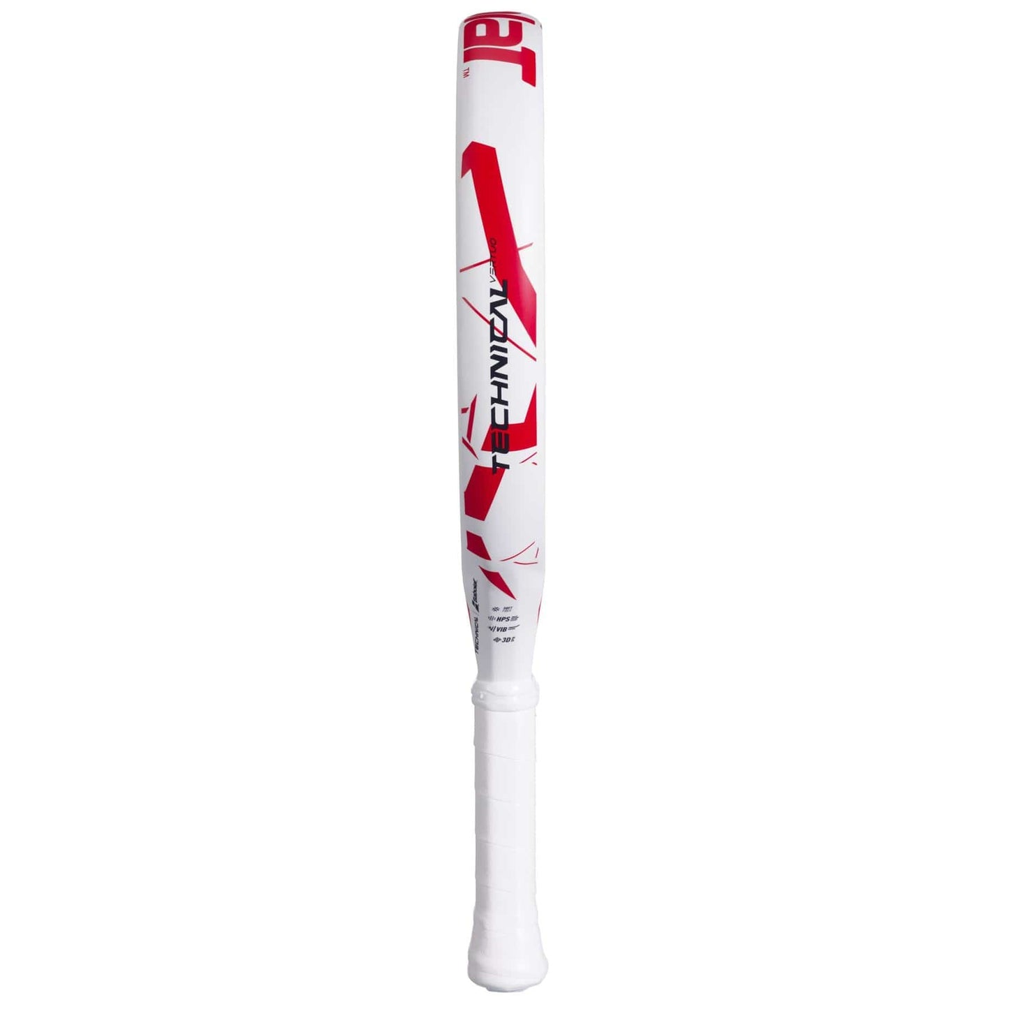 A white Babolat Technical Vertuo Juan Lebrón padel racket stands upright on a plain white background, featuring red geometric designs, modern styling, and a sleek white grip.