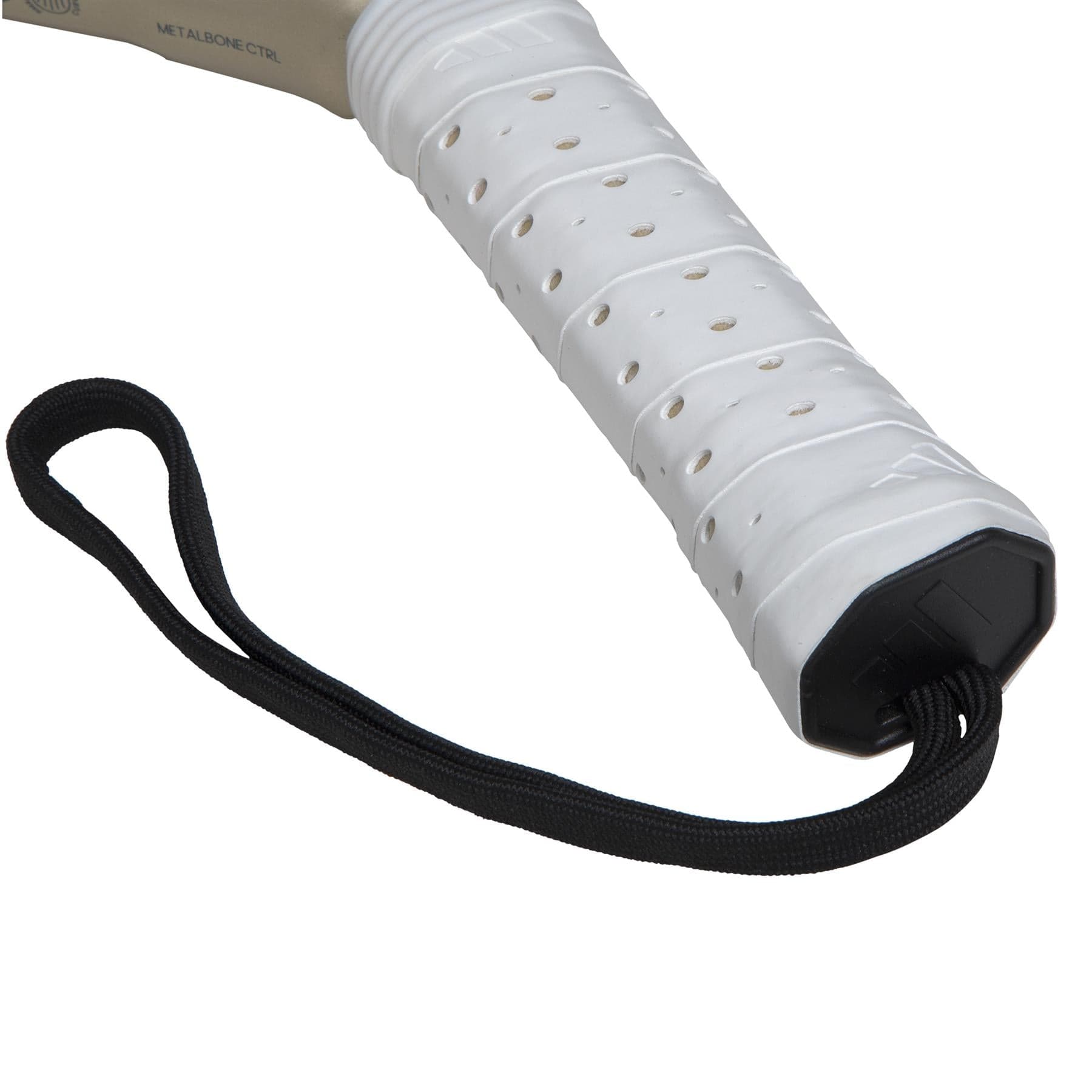 Close-up of the adidas Metalbone CTRL 3.4 Padel Racket handle with white perforated grip tape, a black wrist strap, and its adjustable Weight and Balance System.