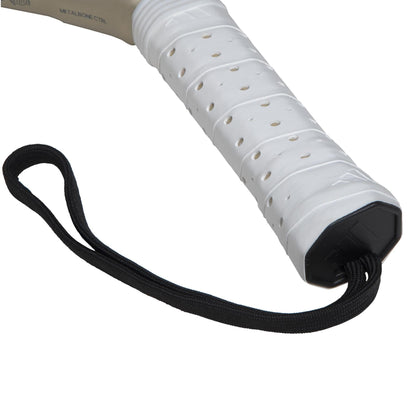 Close-up of the adidas Metalbone CTRL 3.4 Padel Racket handle with white perforated grip tape, a black wrist strap, and its adjustable Weight and Balance System.