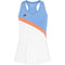 The Babolat Play Women's Padel Tank Top blends style with sustainability, featuring a racerback design made from recycled polyester. It boasts a blue upper, diagonal orange stripe across the chest, and white lower section with a small logo.
