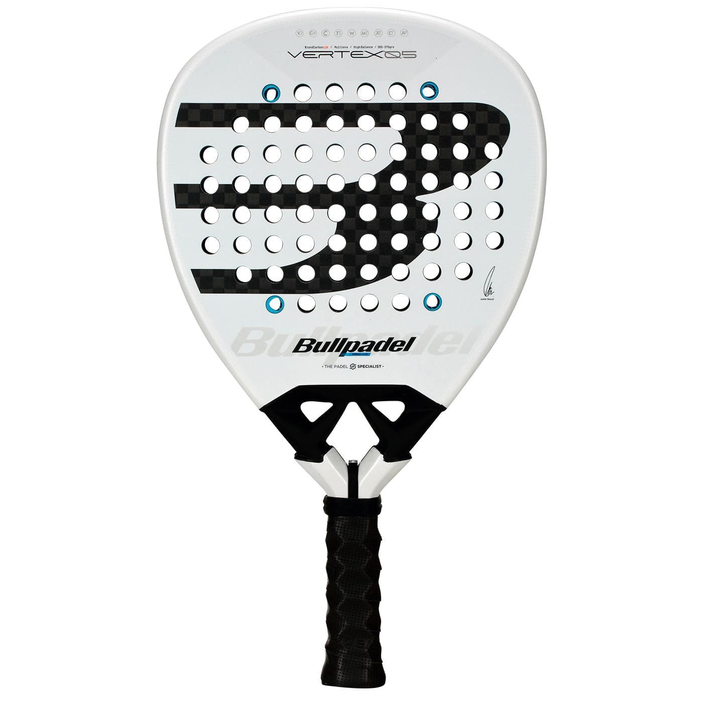 The Bullpadel Vertex 05 2026 Padel Racket features a white design, black grip, large black “B” logo with checkerboard pattern, and round holes across the surface for better aerodynamics.