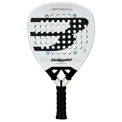 The Bullpadel Vertex 05 2026 Padel Racket features a white design, black grip, large black “B” logo with checkerboard pattern, and round holes across the surface for better aerodynamics.