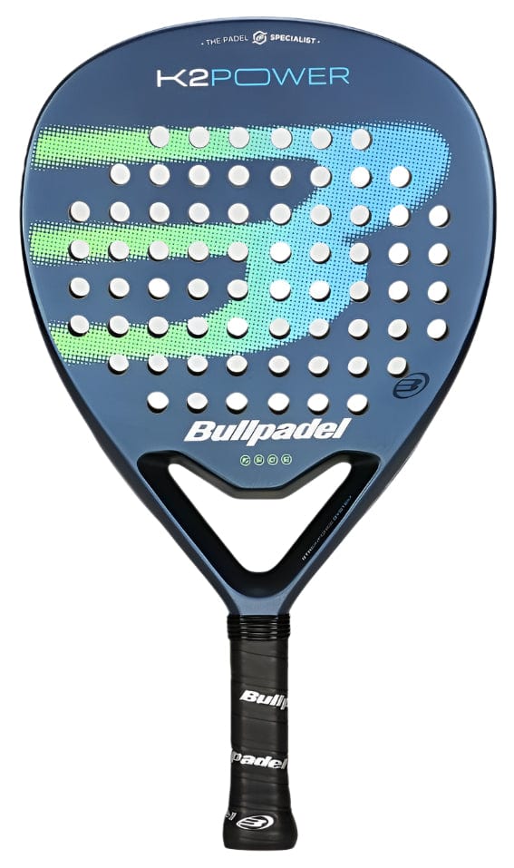 The Bullpadel K2 Power 2025 Padel Racket features a blue perforated face with green and light blue graphics, a black grip, and provides an ideal mix of power and control. "K2 POWER" and "Bullpadel" branding are prominently on display.