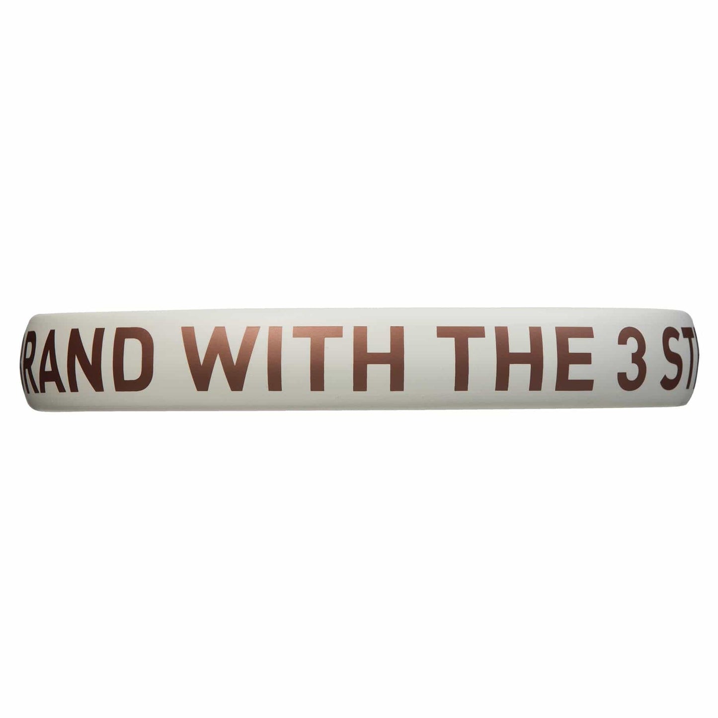 A white bracelet with large brown letters, partially reading "RAND WITH THE 3 ST". The cropped design is perfect for fans of the ADIDAS Drive 3.3 Vintage Padel Racket by adidas.