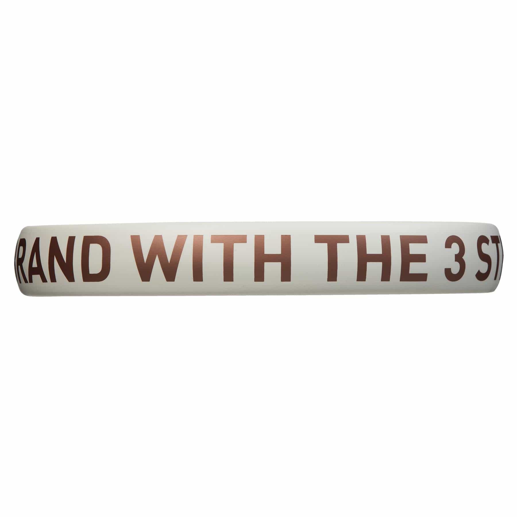 A white bracelet with large brown letters, partially reading "RAND WITH THE 3 ST". The cropped design is perfect for fans of the ADIDAS Drive 3.3 Vintage Padel Racket by adidas.