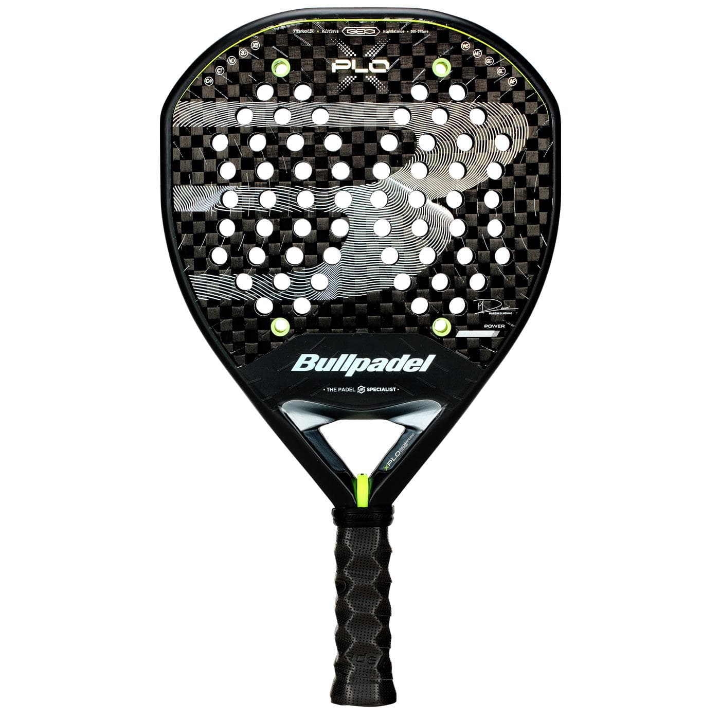 The Bullpadel XPLO 2026 Padel Racket features a black carbon fiber pattern, round shape with perforated holes, and white Bullpadel branding. Its handle is wrapped in black grip tape for optimal control and powerful play.