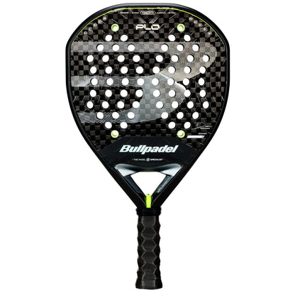 The Bullpadel XPLO 2026 Padel Racket features a black carbon fiber pattern, round shape with perforated holes, and white Bullpadel branding. Its handle is wrapped in black grip tape for optimal control and powerful play.