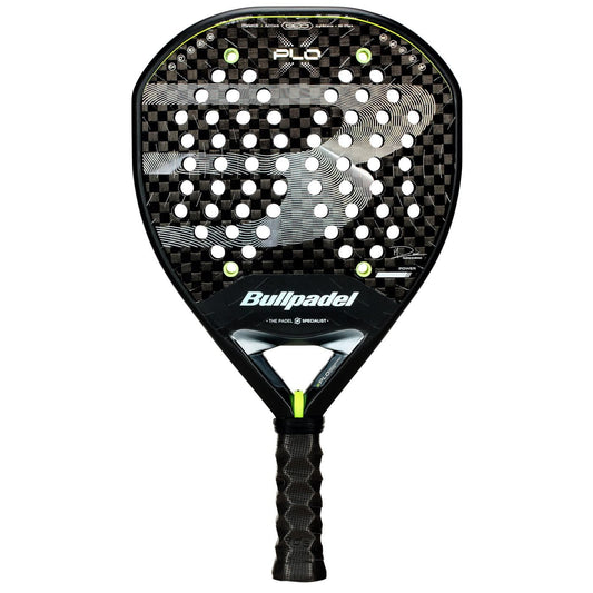The Bullpadel XPLO 2026 Padel Racket features a black carbon fiber pattern, round shape with perforated holes, and white Bullpadel branding. Its handle is wrapped in black grip tape for optimal control and powerful play.