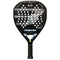 The Bullpadel XPLO 2026 Padel Racket features a black carbon fiber pattern, round shape with perforated holes, and white Bullpadel branding. Its handle is wrapped in black grip tape for optimal control and powerful play.
