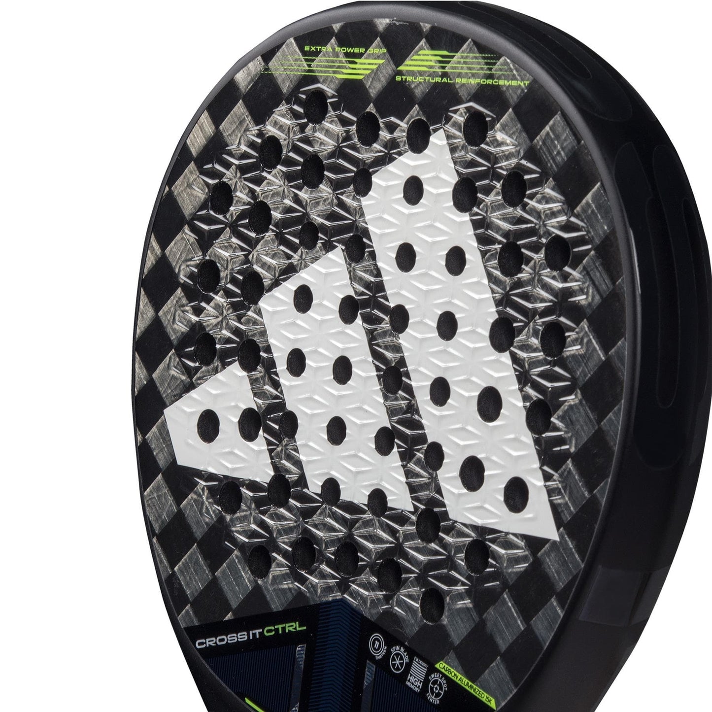 Close-up of the adidas Cross It CTRL 3.4 Padel Racket, an advanced padel racket with a black Carbon 15K face, large white adidas logo, checkered texture, and "Cross It CTRL" near the bottom edge.