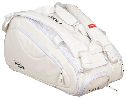 The NOX Pro Series Padel Racket Bag - White offers 45L capacity, multiple zippered compartments, padded shoulder strap, and features NOX ThermoTech branding on the front and zippers.