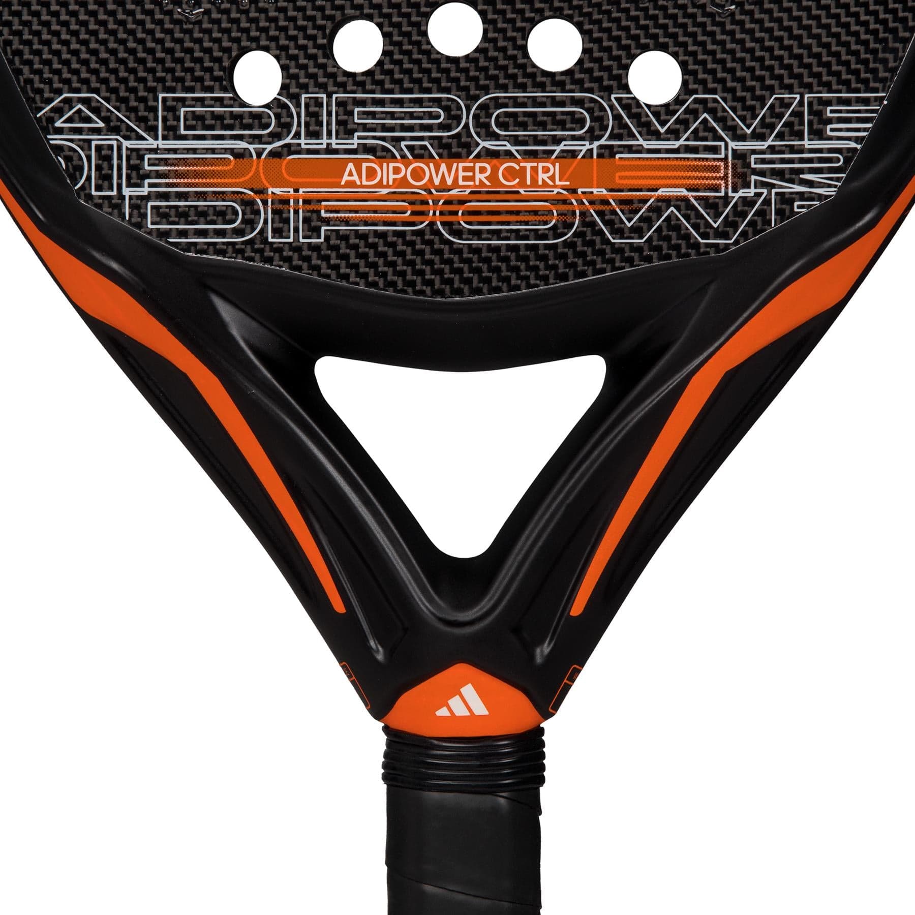 Close-up of the adidas ADIDAS Adipower CTRL 3.3 Padel Racket in black with orange accents, showing "ADIPOWER CTRL" and adidas logo on the neck; textured carbon fiber surface, perfect for players seeking control.