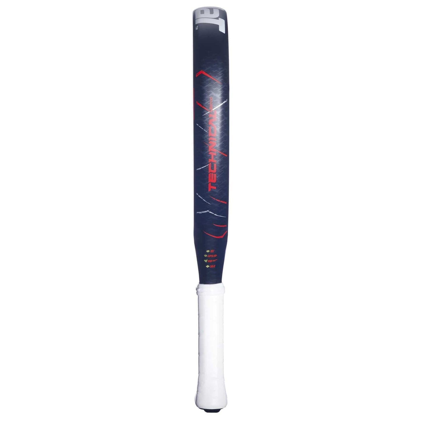 The Babolat Technical Vertuo 2.5 Padel Racket by Babolat is ideal for technical players seeking precision, similar to a black and gray bat with a white grip, red accents, and "TECHNIDA" printed vertically on the barrel.