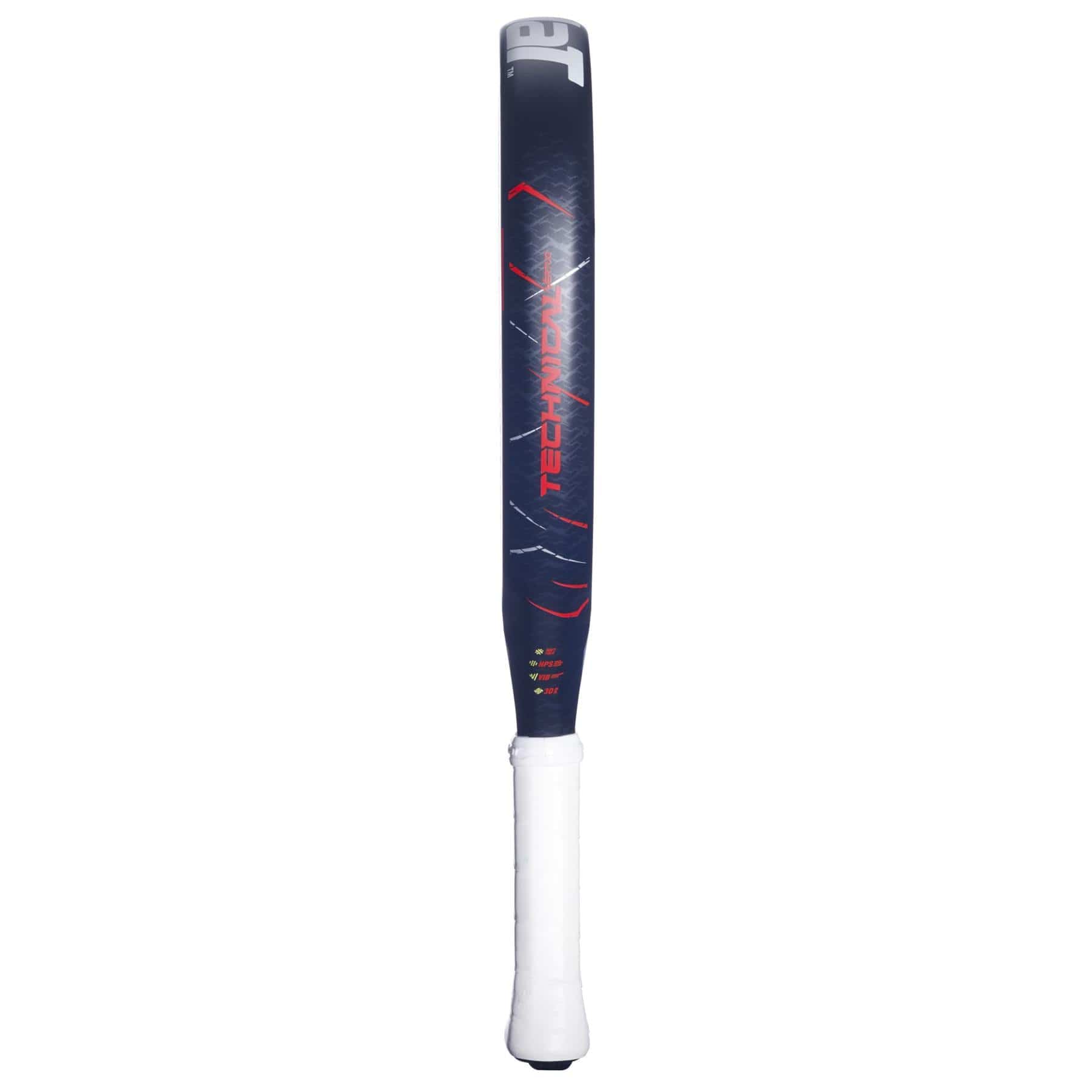 The Babolat Technical Vertuo 2.5 Padel Racket by Babolat is ideal for technical players seeking precision, similar to a black and gray bat with a white grip, red accents, and "TECHNIDA" printed vertically on the barrel.