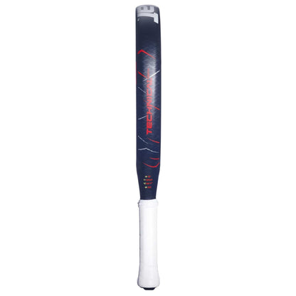 The Babolat Technical Vertuo 2.5 Padel Racket by Babolat is ideal for technical players seeking precision, similar to a black and gray bat with a white grip, red accents, and "TECHNIDA" printed vertically on the barrel.