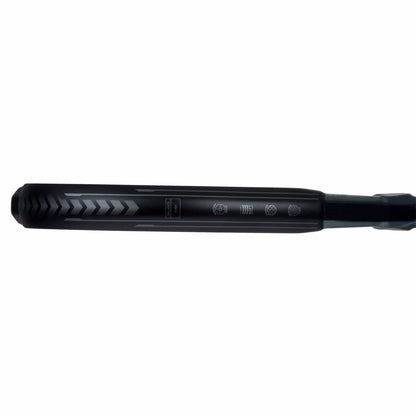 The sleek, black ADIDAS Metalbone Carbon CTRL 3.3 Padel Racket by adidas features a glossy 6K Carbon finish for durability, three textured buttons on the top side, and a digital display near the buttons to show temperature settings.