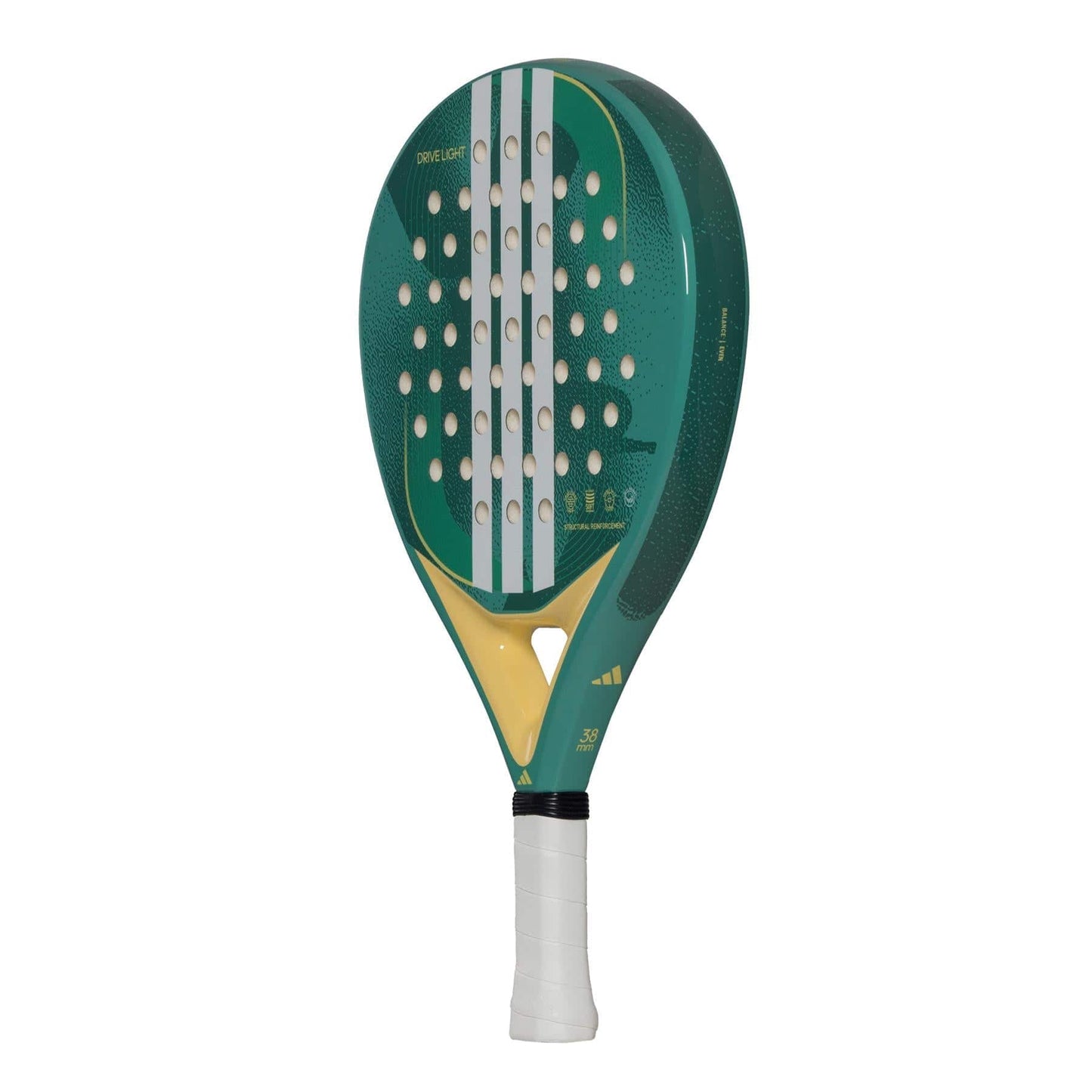 The adidas ADIDAS Drive Light 3.4 Padel Racket is a green and yellow beginner racket with white grip tape, three vertical white stripes, and round holes—perfect for those seeking a lightweight padel option.