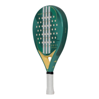 The adidas ADIDAS Drive Light 3.4 Padel Racket is a green and yellow beginner racket with white grip tape, three vertical white stripes, and round holes—perfect for those seeking a lightweight padel option.