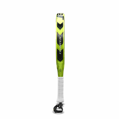 The Babolat Counter Vertuo Padel Racket, in green and black with a white grip and black wrist strap, stands upright against a white background. Designed by Babolat for easy power on the court.