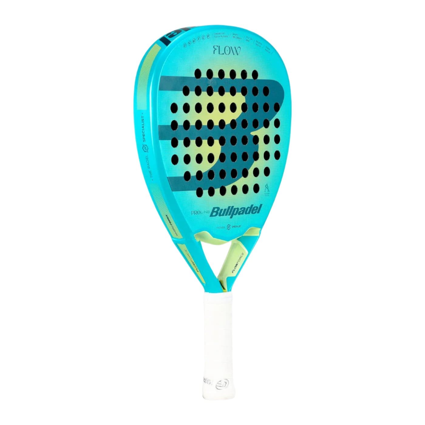 The Bullpadel Flow W 2025 Padel Racket features a turquoise and yellow design, white grip, black round holes, the Bullpadel logo across the face, and advanced FLOWFORCE technology.