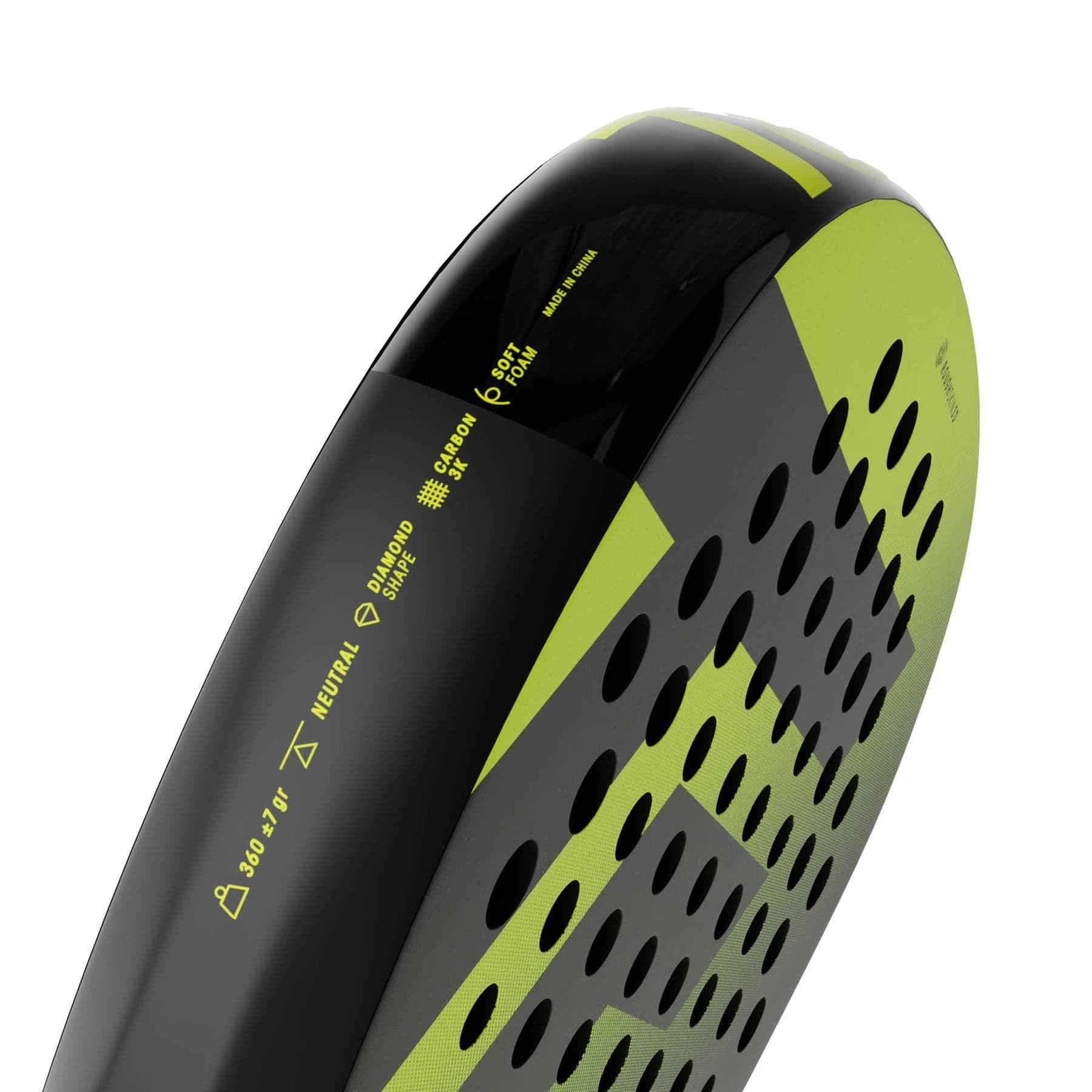 The Tecnifibre Bomba Speed Padel Racket by Tecnifibre features a dynamic black and green design with perforations and angular patterns, plus technical specs on the side—perfect for offensive padel play.