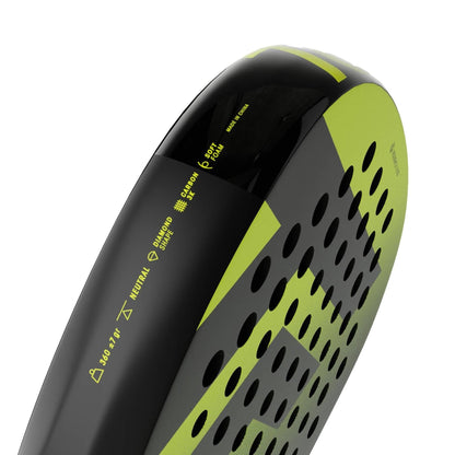 The Tecnifibre Bomba Speed Padel Racket by Tecnifibre features a dynamic black and green design with perforations and angular patterns, plus technical specs on the side—perfect for offensive padel play.
