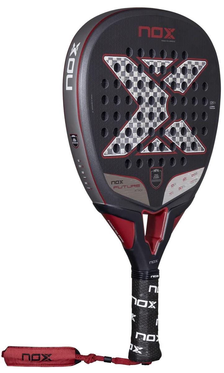 The NOX NFA Future Attack 12K Alum padel racket by NOX features a bold black and red design with a silver X, power-enhancing face perforations, a black grip, and a branded wrist strap.