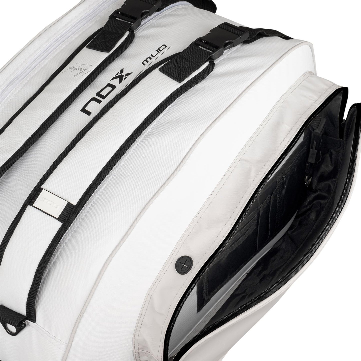Close-up of the NOX ML10 Team Padel Racket Bag in white/grey by NOX, featuring zippered compartments, adjustable straps, an open side pocket with organizing slots, and black lining—ideal for storing your padel gear.