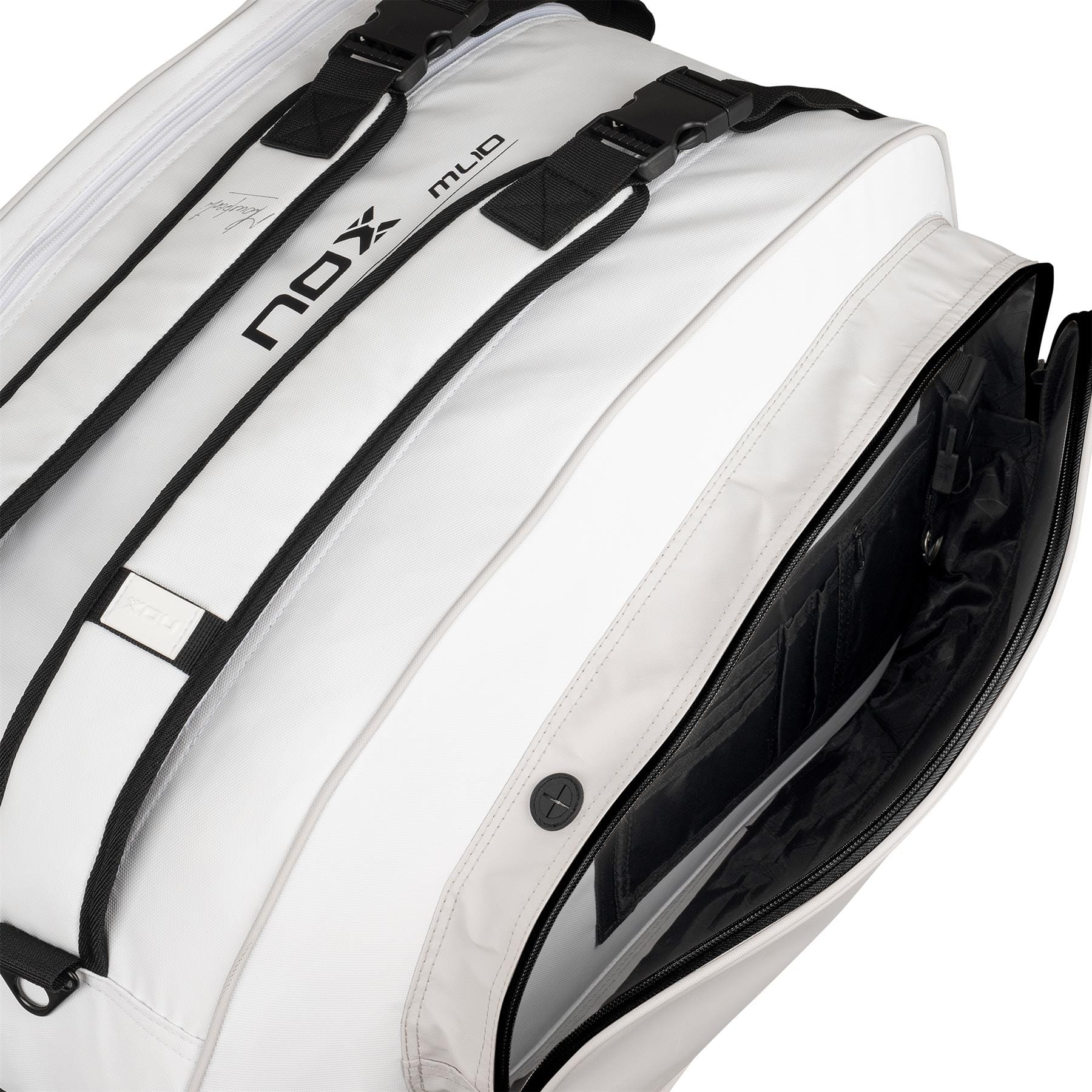 Close-up of the NOX ML10 Team Padel Racket Bag in white/grey by NOX, featuring zippered compartments, adjustable straps, an open side pocket with organizing slots, and black lining—ideal for storing your padel gear.