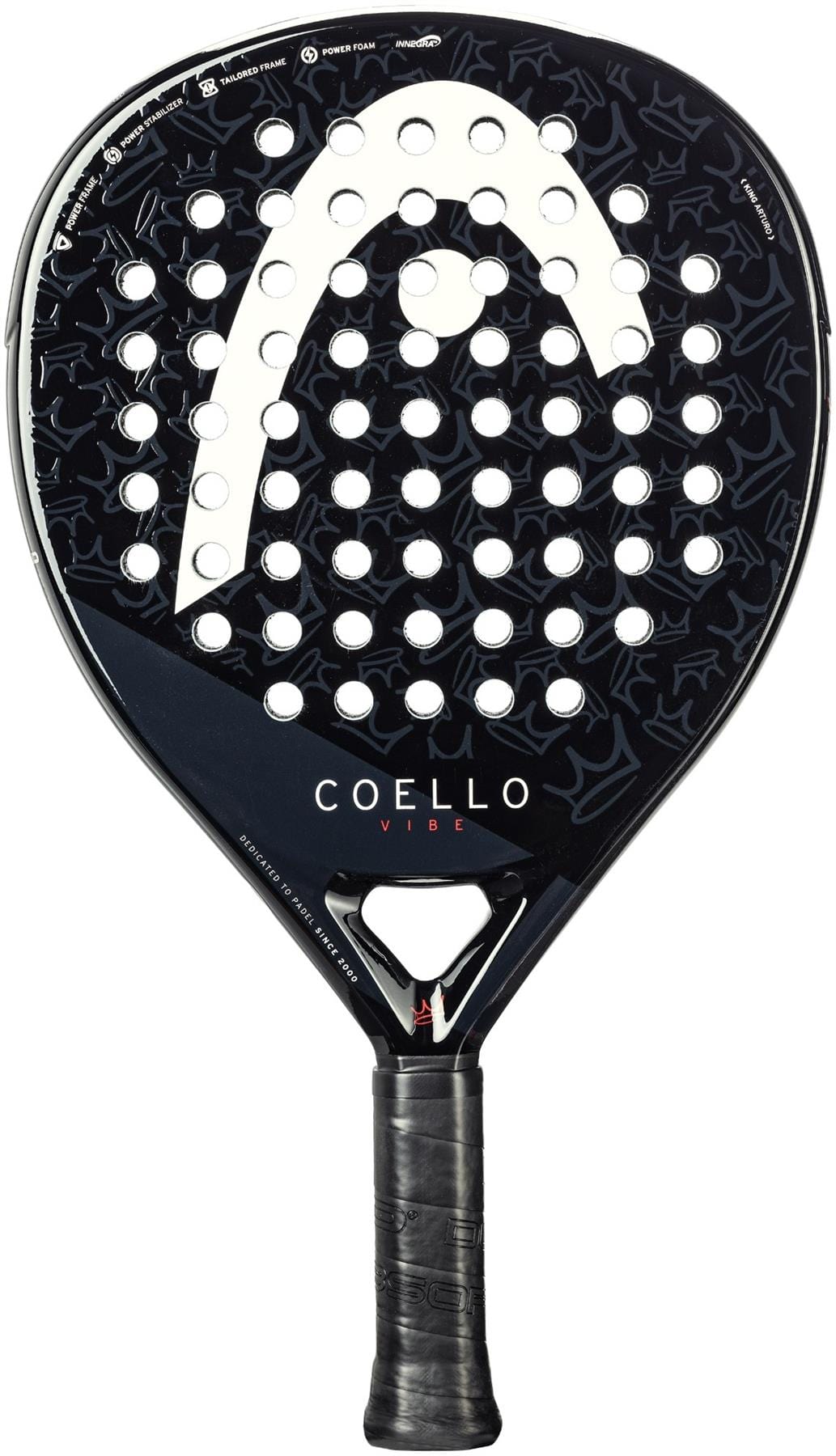 The HEAD Coello Vibe 2025 Padel Racket features a teardrop shape, perforated face, textured grip, and “COELLO VIBE” in white and red lettering. The HEAD logo is displayed near the top of this HEAD brand racket.