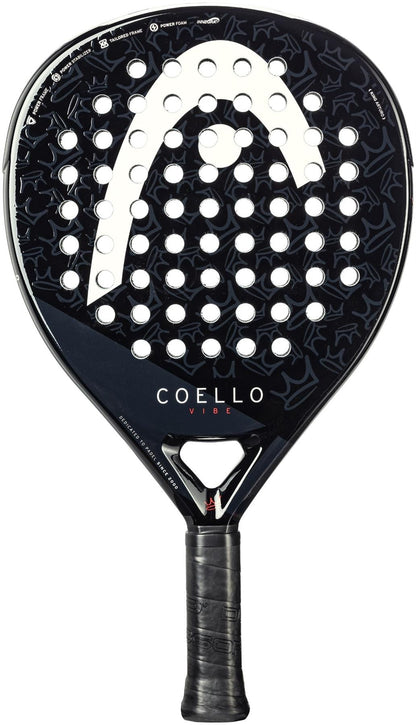 The HEAD Coello Vibe 2025 Padel Racket features a teardrop shape, perforated face, textured grip, and “COELLO VIBE” in white and red lettering. The HEAD logo is displayed near the top of this HEAD brand racket.