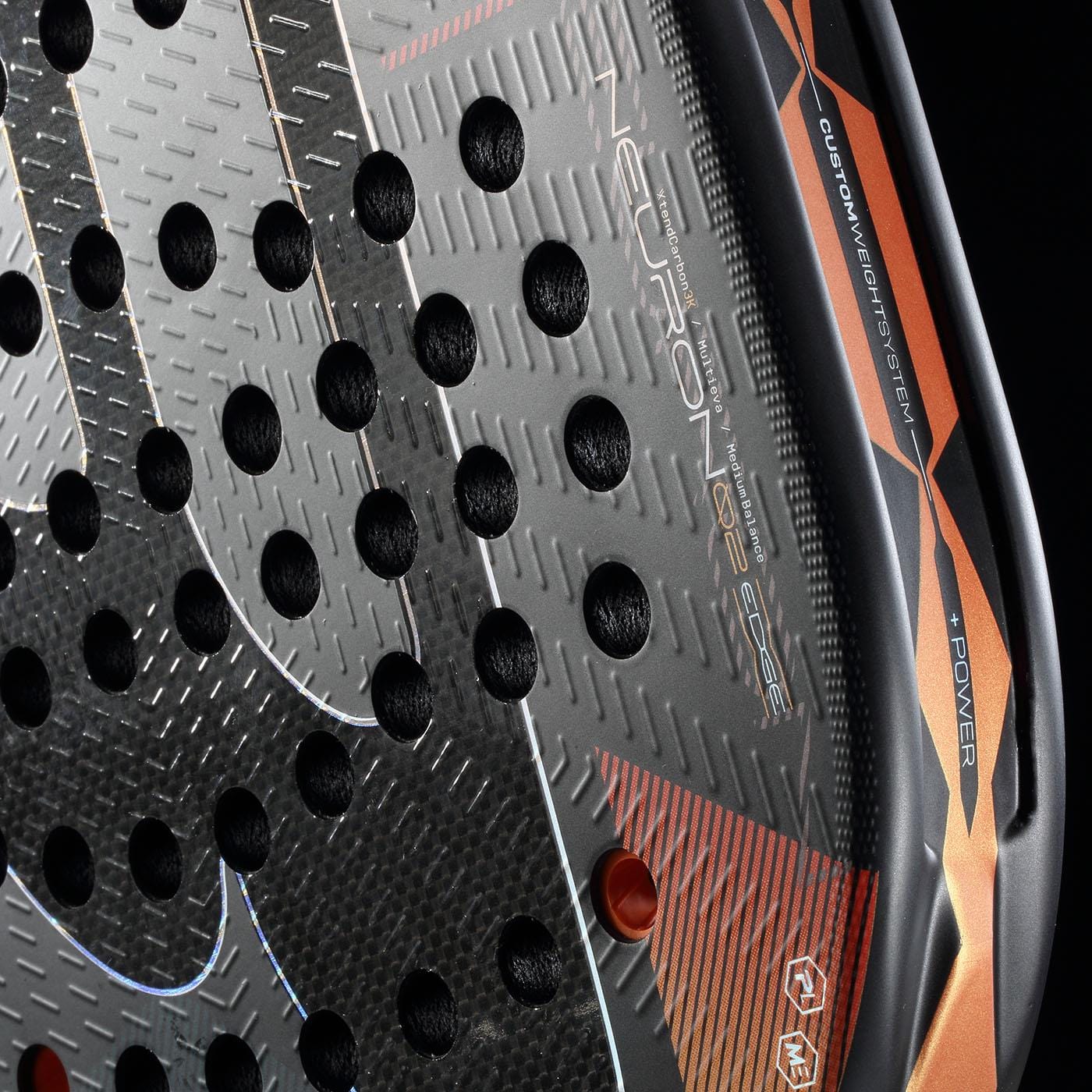 Close-up of the Bullpadel Neuron 02 Edge 2026 Padel Racket surface, highlighting its textured patterns, round perforations, and visible Bullpadel branding with "NEURON" and "POWER" near the edge.