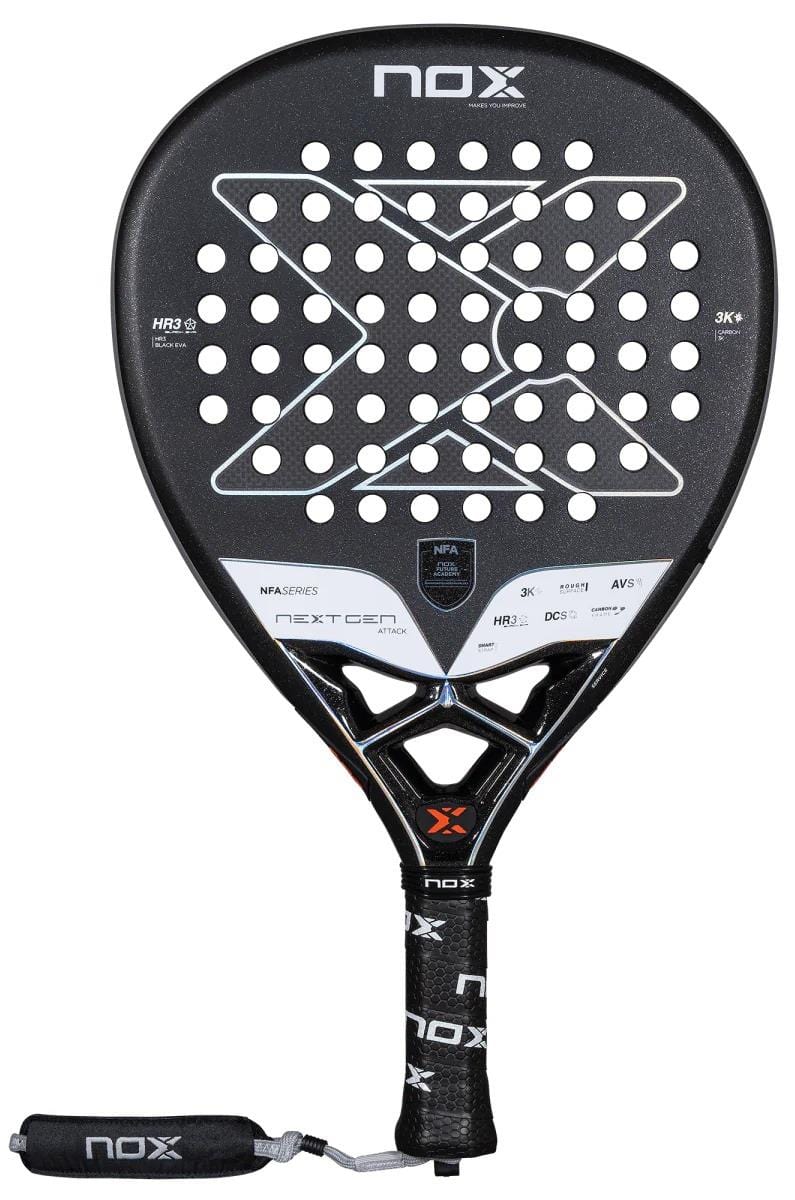 The NOX NFA Nextgen Pro Attack 3K Padel Racket features a black design with white NOX branding, circular holes, an "X" centerpiece, padded grip, and wrist strap for high performance on the court.